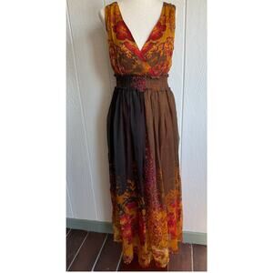 Vintage Floral Chiffon Maxi Dress Brown Orange Boho Empire Waist Medium